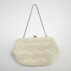 Japanese Beaded Handbag Women Mini Cream Wave Lines Purse Satchel Clutch Bag
